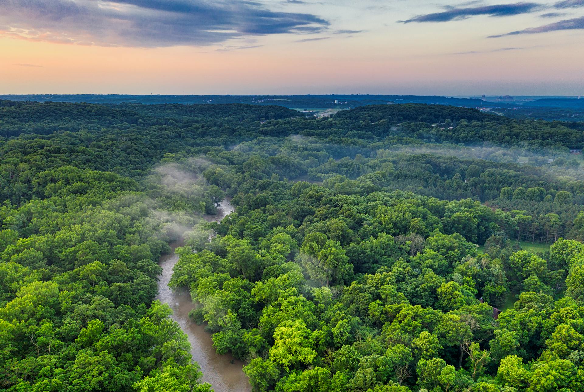 Vista aerea de la selva amazonica ecuatoriana con rio y neblina